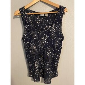 DKNY City Tank Top Womens 14 Navy Blue Silk Floral Sleeveless Blouse Lightweight
